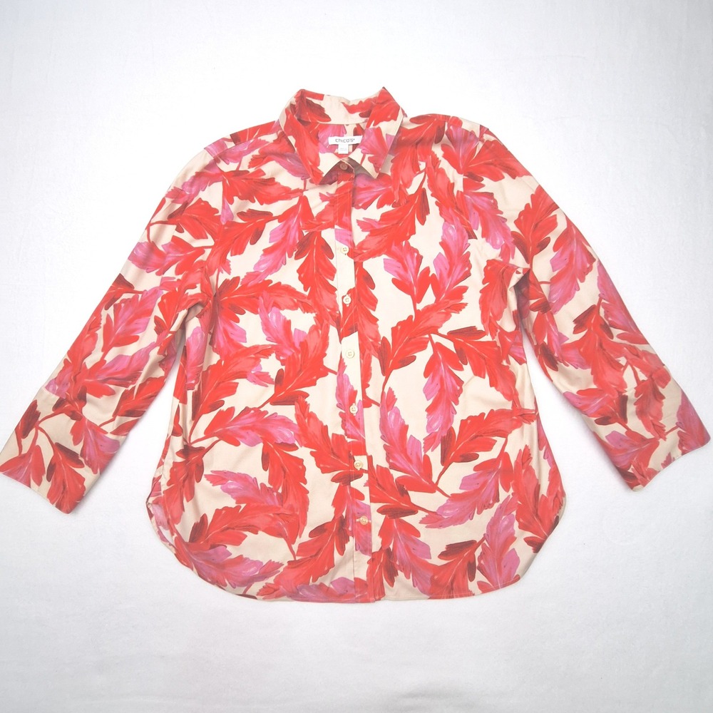 Chicos Shirt Womens 10 Red Pink Botanical Leaf Print Cotton Stretch Top